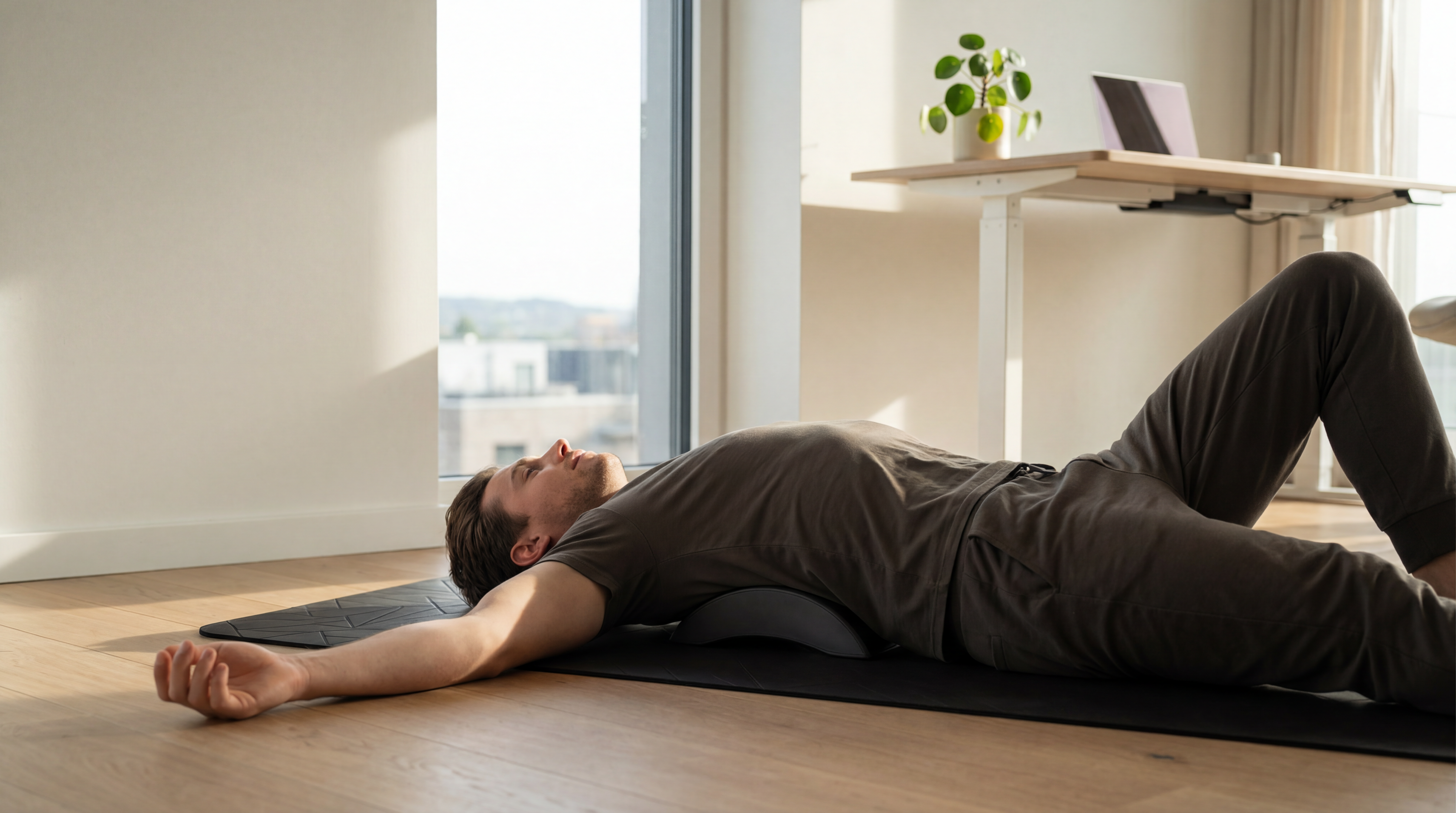 Man using ALIGNED on a yoga mat in a modern studio